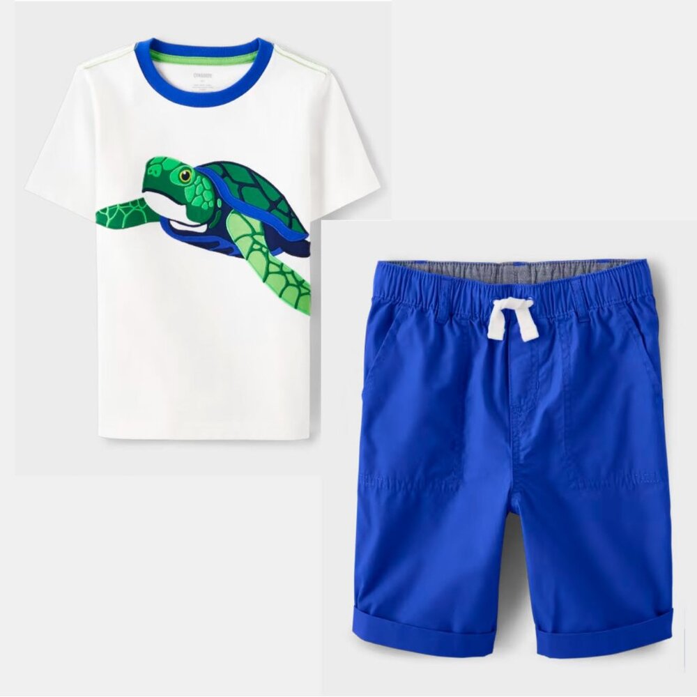 Gymboree Boys White Embroidered Turtle Top & Blue Roll Cuff Pull On Shorts Size